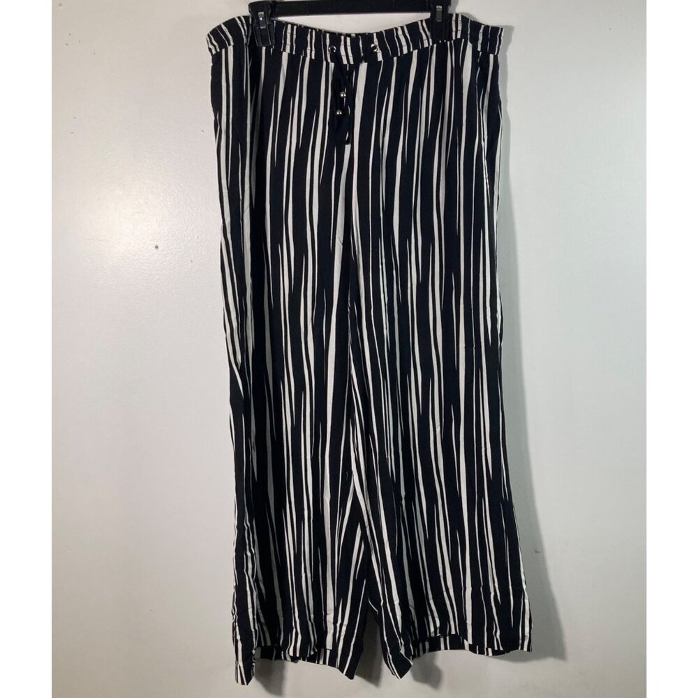 Womens Ellen Tracy Striped Wide Leg Pants Pull On Elastic Waist Black White L Dr